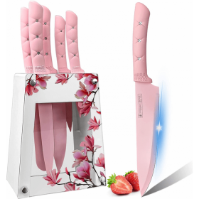 Kitchen Knife Set, Caliamary Pink Flower 6PC Stainless Steel Sharp Chef Knife Set with Acrylic Stand, Cooking Non-slip Knife Set with Block