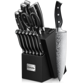 D.Perlla Knife Set, 14PCS German Stainless Steel Kitchen Knives Block Set with Built-in Sharpener, Black